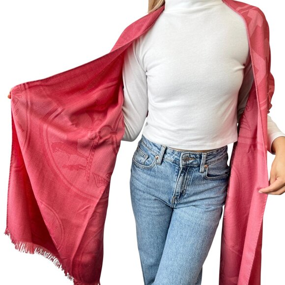 HERMES H Logo New Libris Shawl Scarf Wrap Fringe Pink Cashmere Silk [105760] - Picture 2 of 12